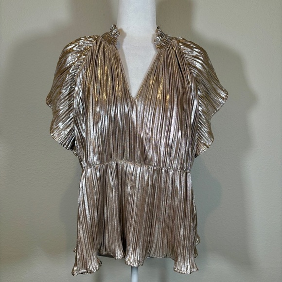 THML Tops - NWOT THML Metallic Gold Pleated Peplum Blouse Size Medium